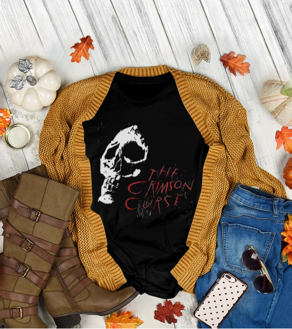 The Crimson Curse Skull White And Red Text With Skull T-Shirt
