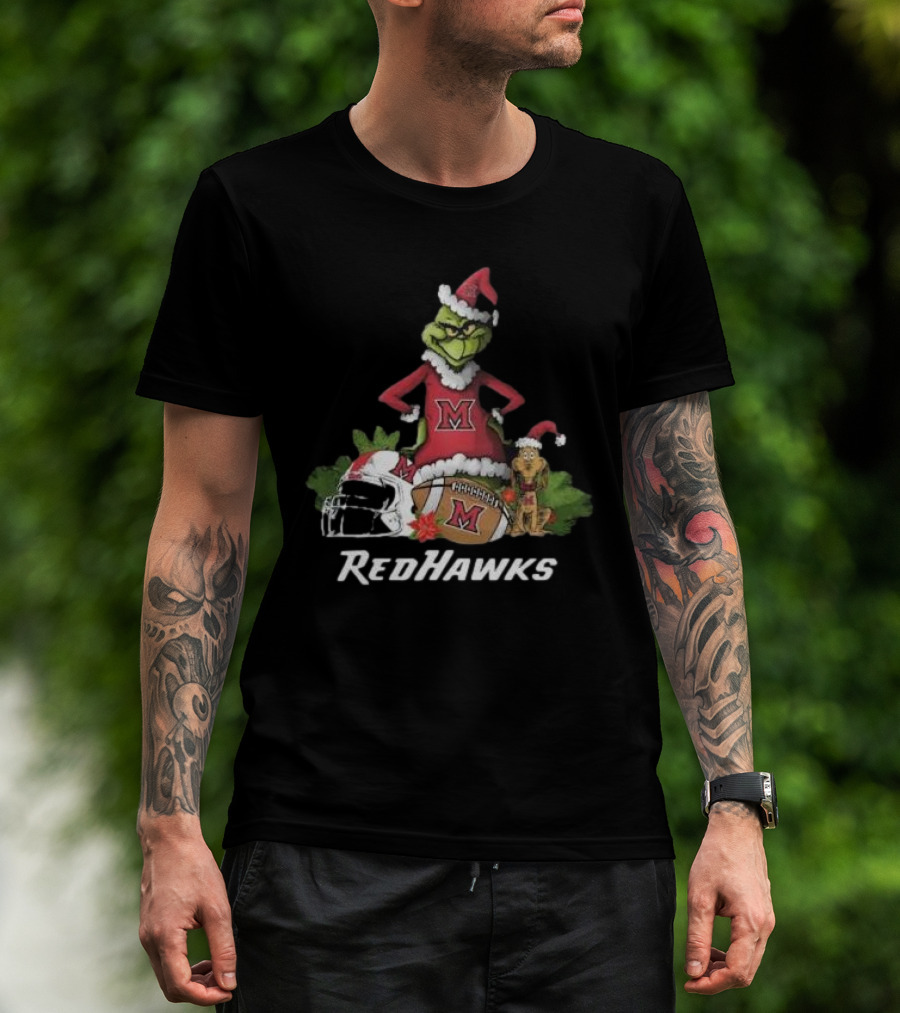 Grinch Santa And Dog With Miami RedHawks Rugby Helmet Merry Christmas T-Shirt