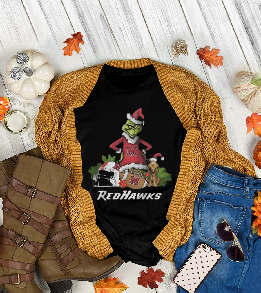 Grinch Santa And Dog With Miami RedHawks Rugby Helmet Merry Christmas T-Shirt