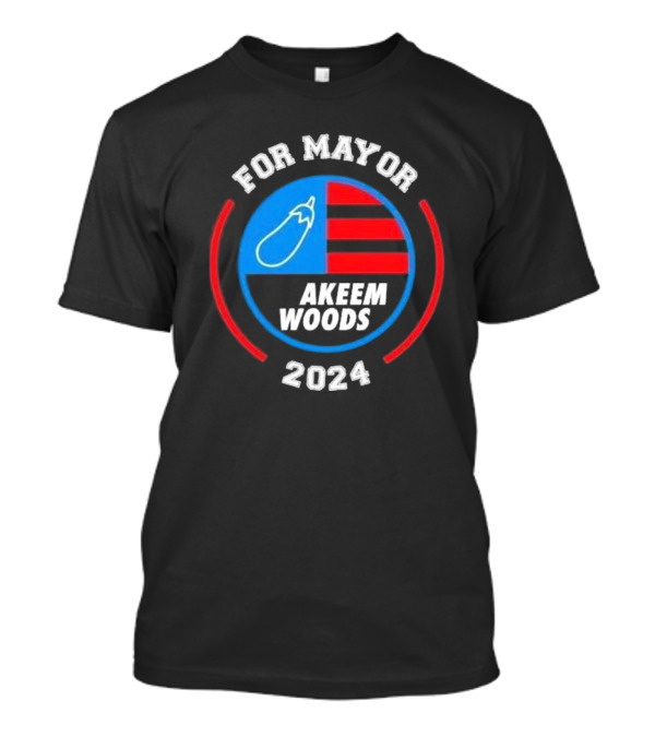 For Mayor Akeem Woods 2024 Campaign Badge With Eggplant And Stripes T-Shirt