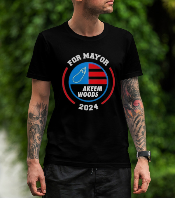 For Mayor Akeem Woods 2024 Campaign Badge With Eggplant And Stripes T-Shirt