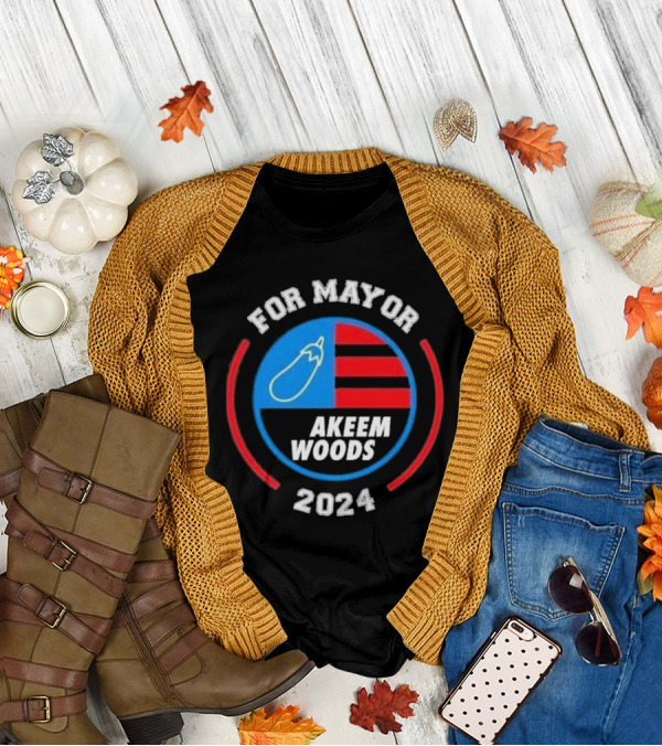 For Mayor Akeem Woods 2024 Campaign Badge With Eggplant And Stripes T-Shirt