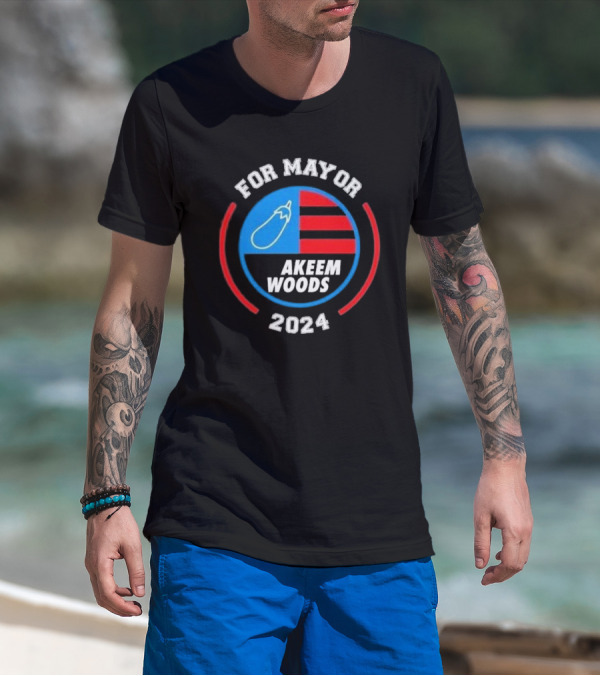 For Mayor Akeem Woods 2024 Campaign Badge With Eggplant And Stripes T-Shirt