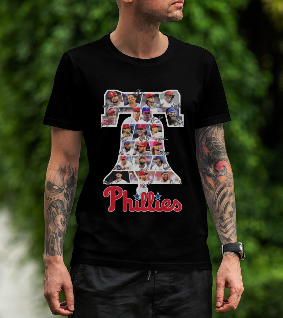 Philadelphia Phillies Liberty Bell Icon 2024 Line Up With Player Photos And Signatures T-Shirt