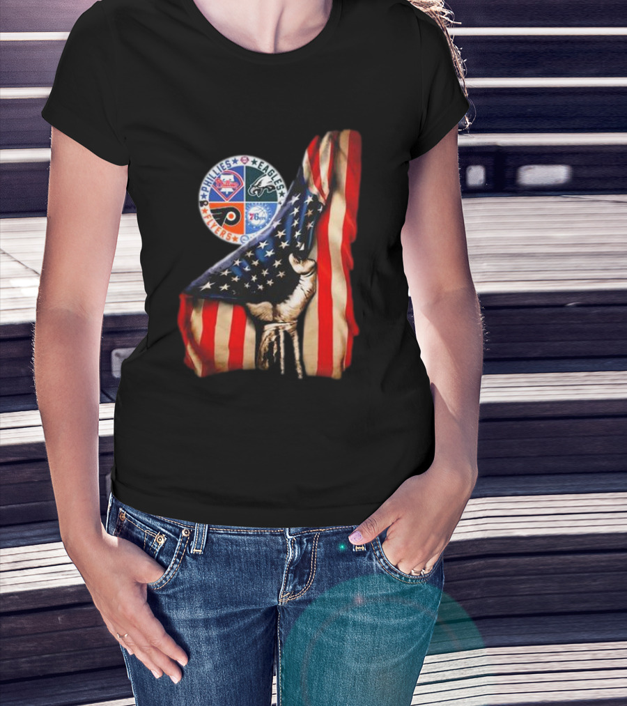 Philadelphia Phillies Eagles Flyers 76ers Hand Pulling American Flag T-Shirt