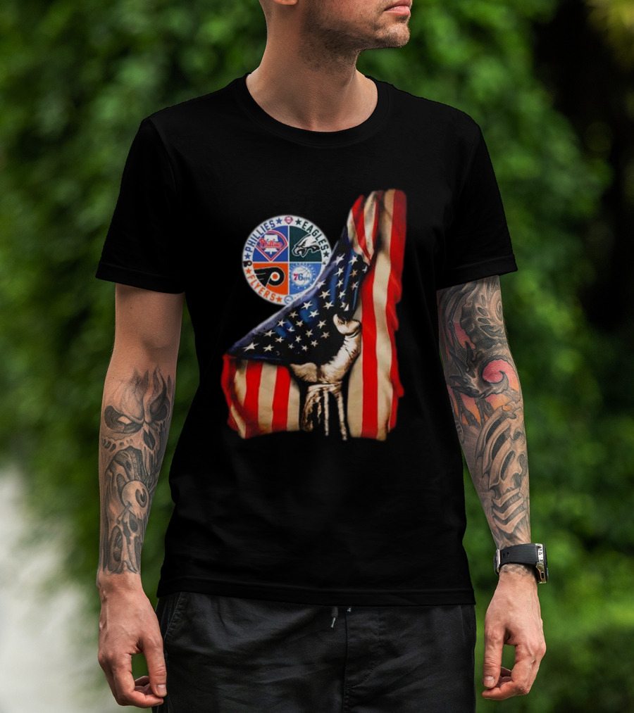 Philadelphia Phillies Eagles Flyers 76ers Hand Pulling American Flag T-Shirt