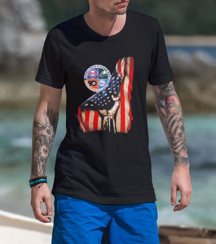 Philadelphia Phillies Eagles Flyers 76ers Hand Pulling American Flag T-Shirt