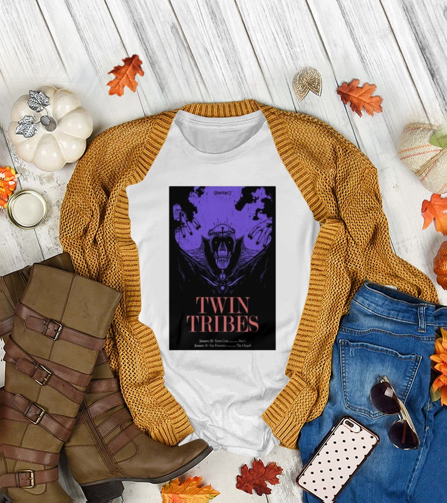 Twin Tribes January 30 2024 Santa Cruz Show Poster with Gothic Skull Motif and Hands T-Shirt