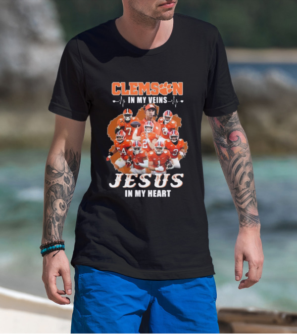 Clemson In My Veins Jesus In My Heart Football Team Collage T-Shirt