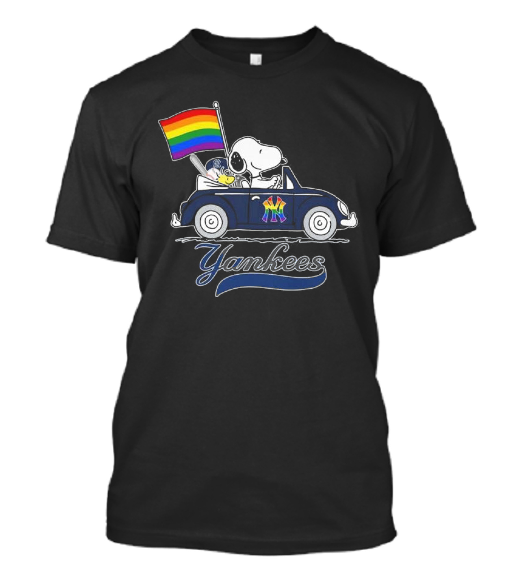 Snoopy And Woodstock Driving Car With Pride Flag New York Yankees T-Shirt