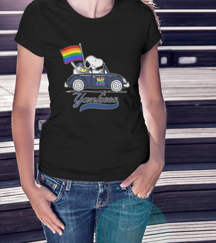 Snoopy And Woodstock Driving Car With Pride Flag New York Yankees T-Shirt