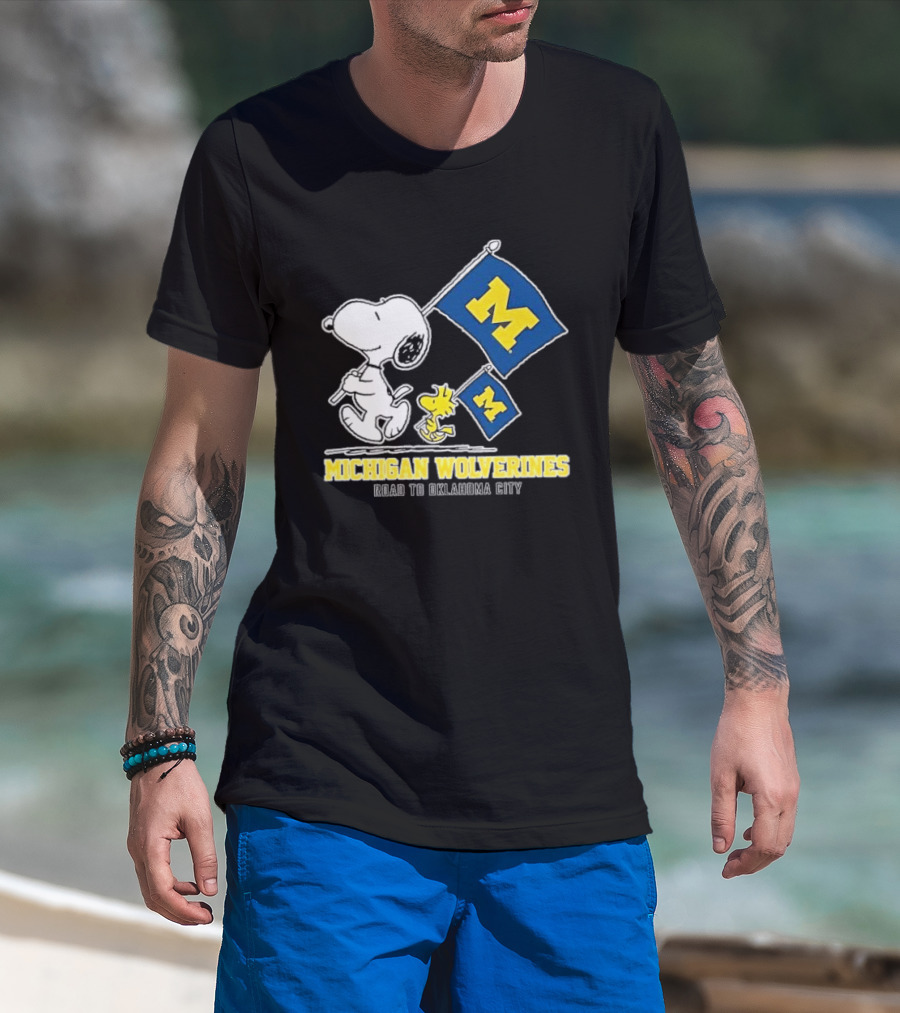 Snoopy Woodstock Michigan Wolverines Road To Oklahoma City 2024 Flag T-Shirt