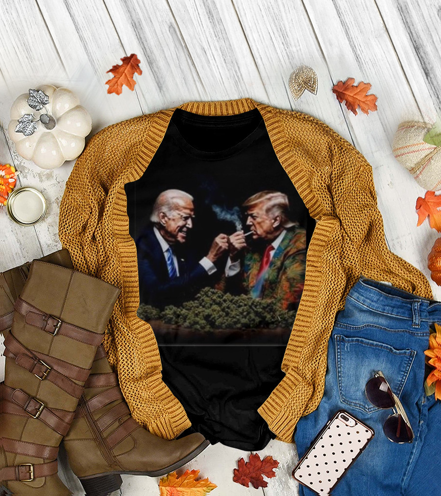 Donald Trump And Joe Biden Smoking Together Surrounded By Cannabis T-Shirt