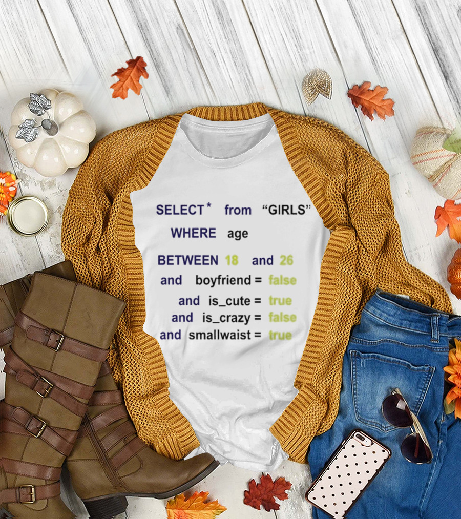 Funny SQL Query Select from GIRLS Where Age Between 18 and 26 Boyfriend False Is Cute True Is Crazy False Smallwaist True T-Shirt