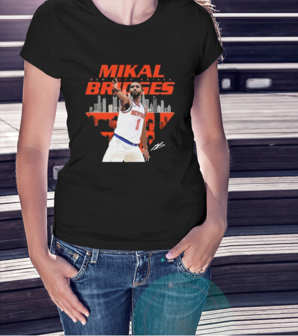 Mikal Bridges New York Knicks Skyline Signature Number 1 T-Shirt