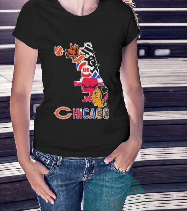 Chicago Bears Bulls Cubs White Sox Blackhawks Map T-Shirt