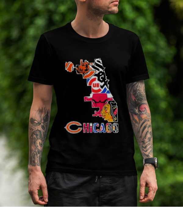 Chicago Bears Bulls Cubs White Sox Blackhawks Map T-Shirt