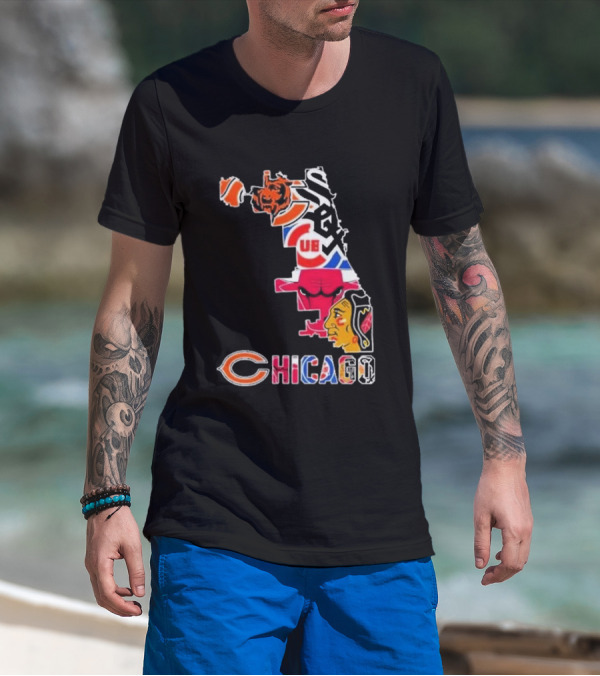 Chicago Bears Bulls Cubs White Sox Blackhawks Map T-Shirt