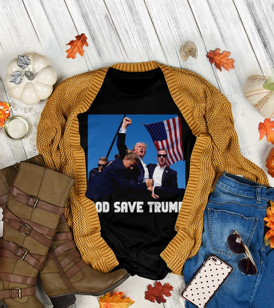 God Save Trump Rally with American Flag and Security Team T-Shirt