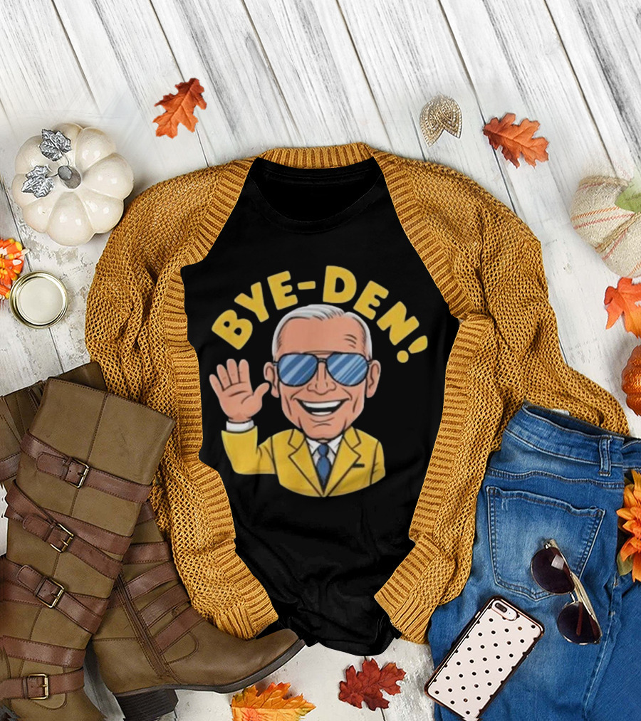 Bye-Den Cartoon Joe Biden Waving Sunglasses Yellow Jacket T-Shirt