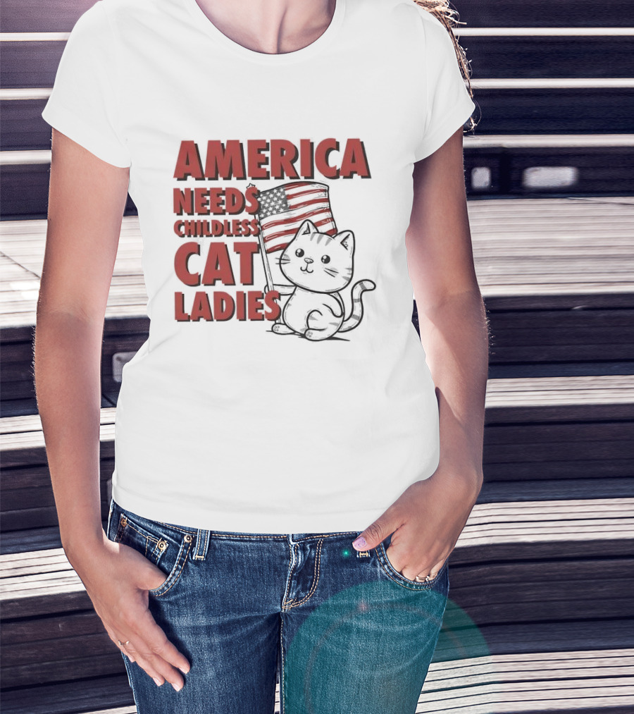 America Needs Childless Cat Ladies Cat With American Flag T-Shirt