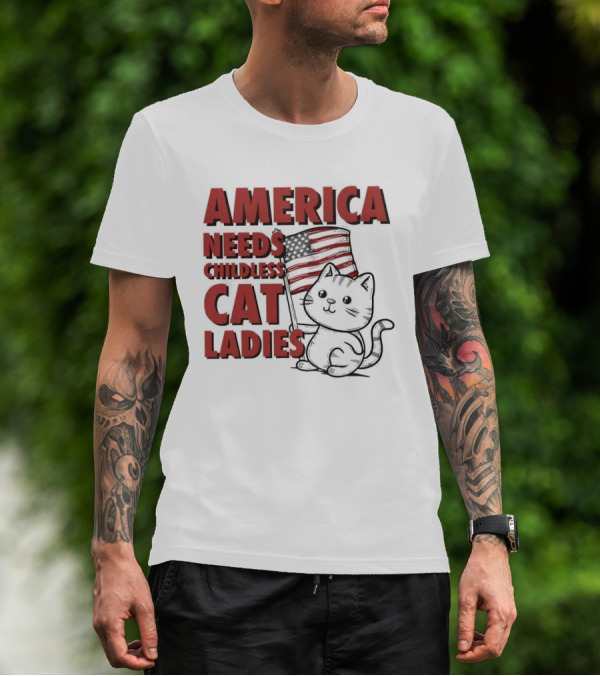 America Needs Childless Cat Ladies Cat With American Flag T-Shirt