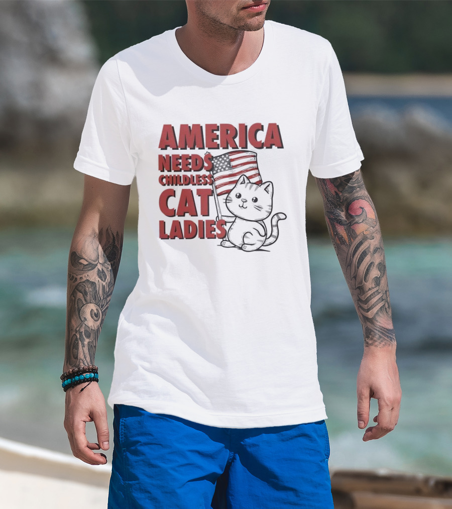 America Needs Childless Cat Ladies Cat With American Flag T-Shirt
