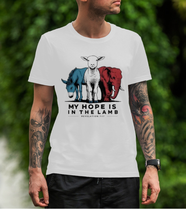 My Hope Is In The Lamb Revelation 7:17 With Blue Donkey Black Lamb Red Elephant T-Shirt