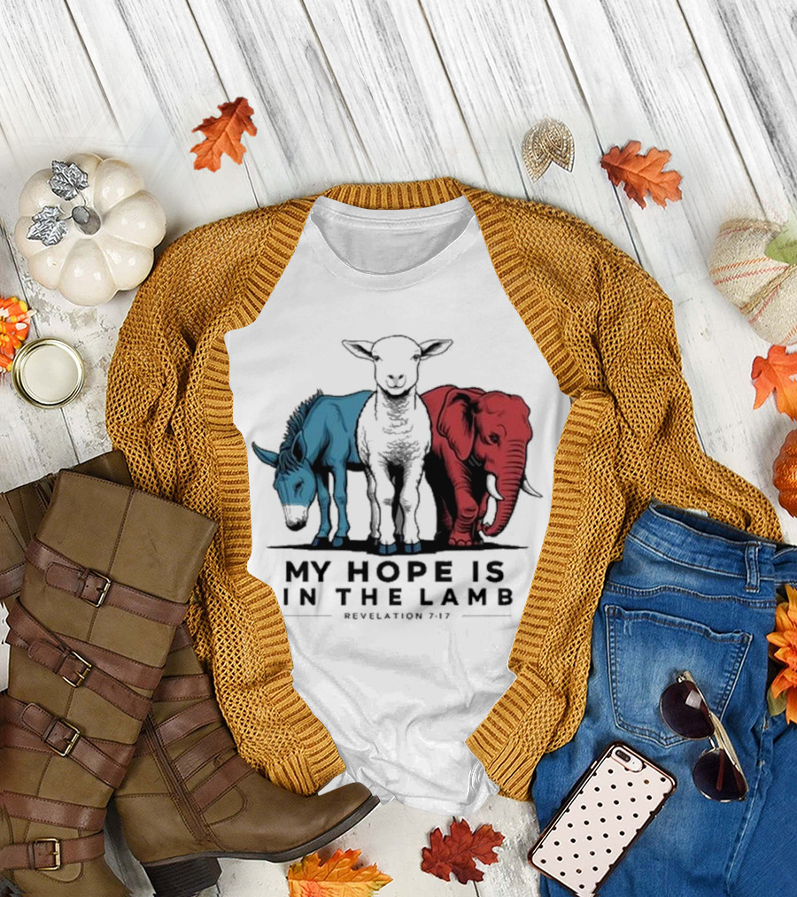 My Hope Is In The Lamb Revelation 7:17 With Blue Donkey Black Lamb Red Elephant T-Shirt