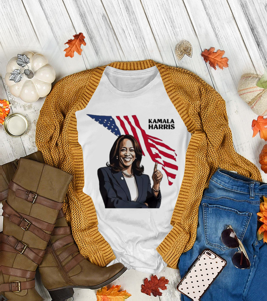 Kamala Harris Smiling with Stylized American Flag Background T-Shirt