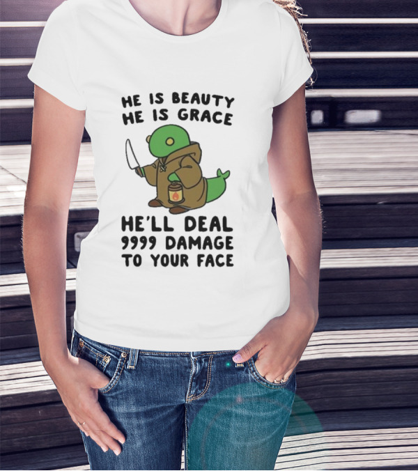 He Is Beauty He Is Grace He’ll Deal 9999 Damage To Your Face Lantern-Wielding Creature In Brown Robe With Knife T-Shirt