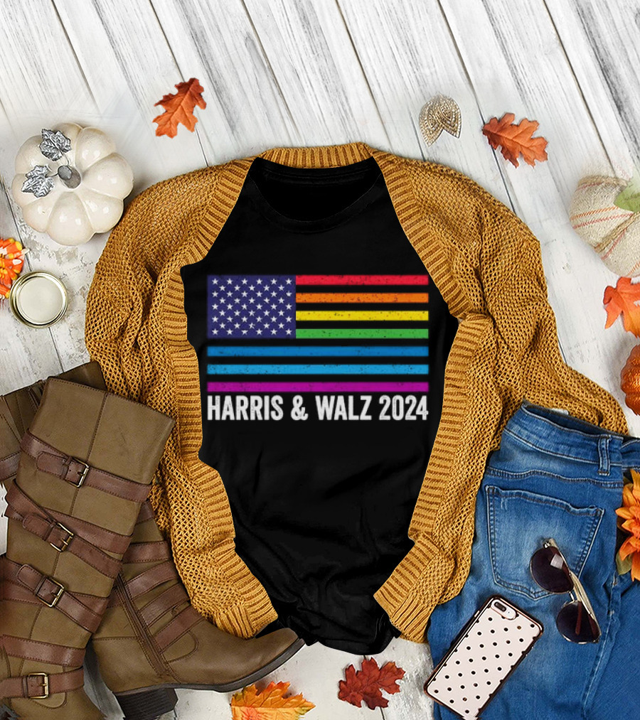 Harris and Walz 2024 Rainbow American Flag T-Shirt