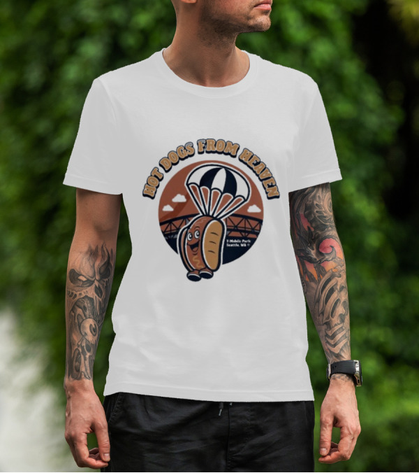 Hot Dogs From Heaven Parachuting Cartoon Bridge Scene T-Shirt