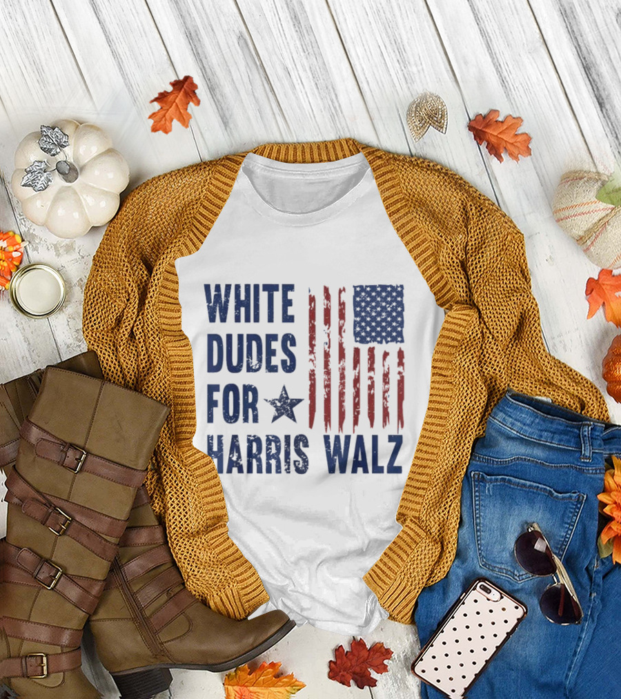 White Dudes For Harris Walz President 2024 USA Flag T-Shirt