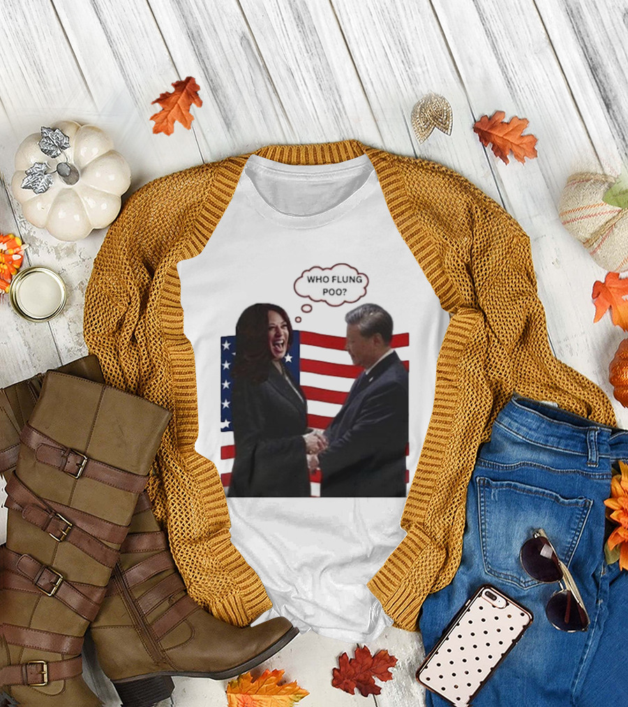 Kamala and Xi Jinping Handshake Who Flung Poo American Flag T-Shirt