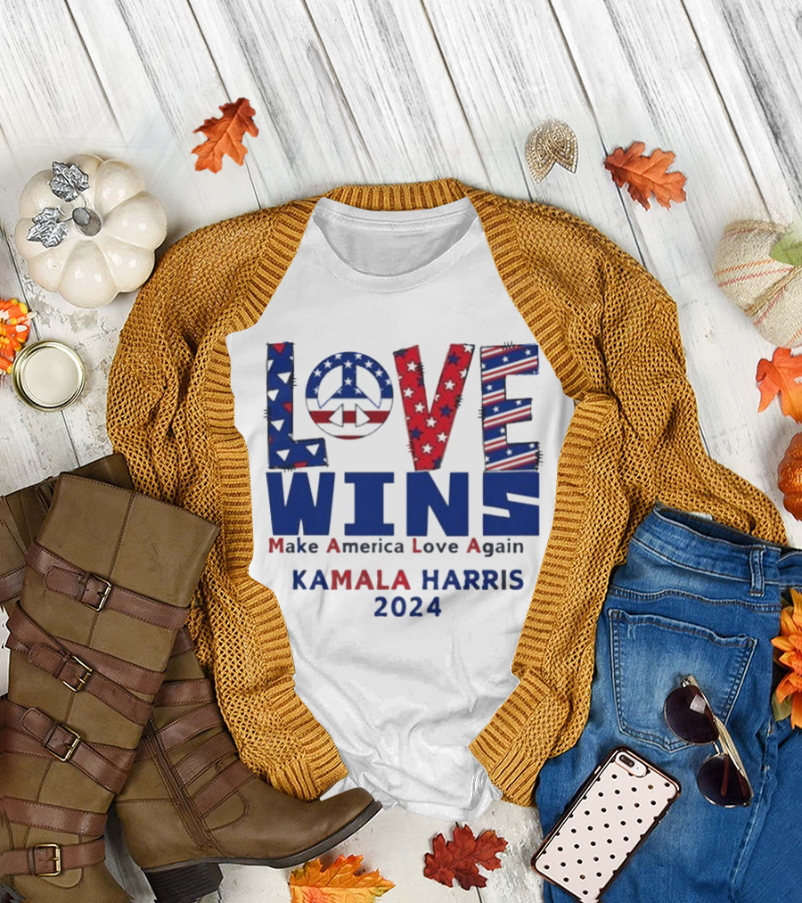 Kamala Harris 2024 Love Wins Make America Love Again Peace Symbol Patriot Stars Stripes T-Shirt