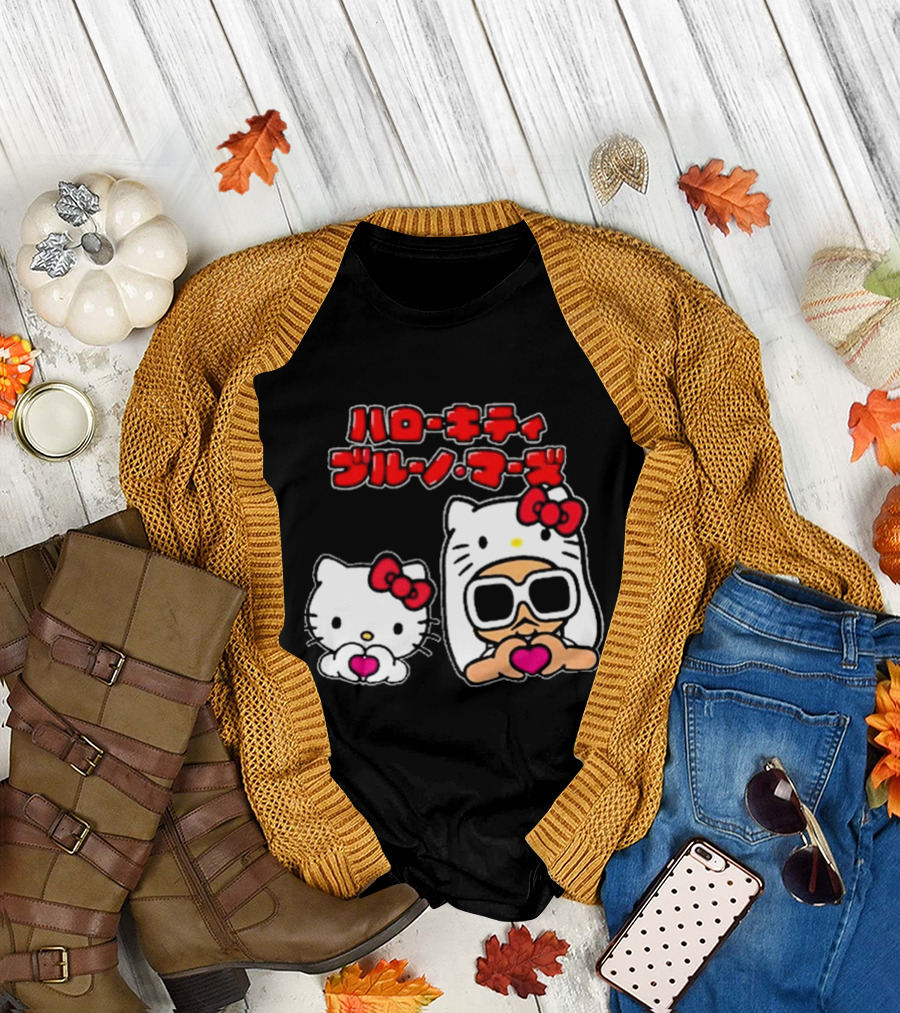 Bruno Mars X Hello Kitty Collaboration Japan Style Cute Characters with Sunglasses and Heart T-Shirt