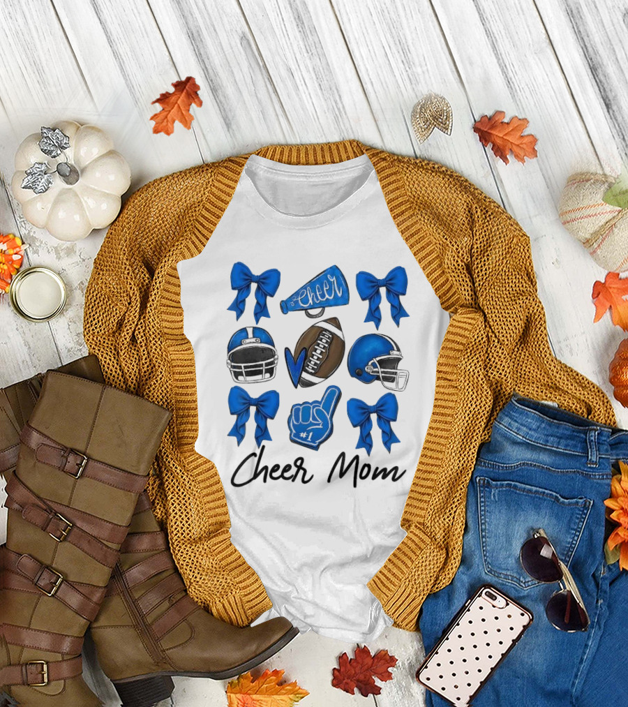 Cheer Mom Era Pom Cheer Leopard Football Coquette Bow Blue T-Shirt