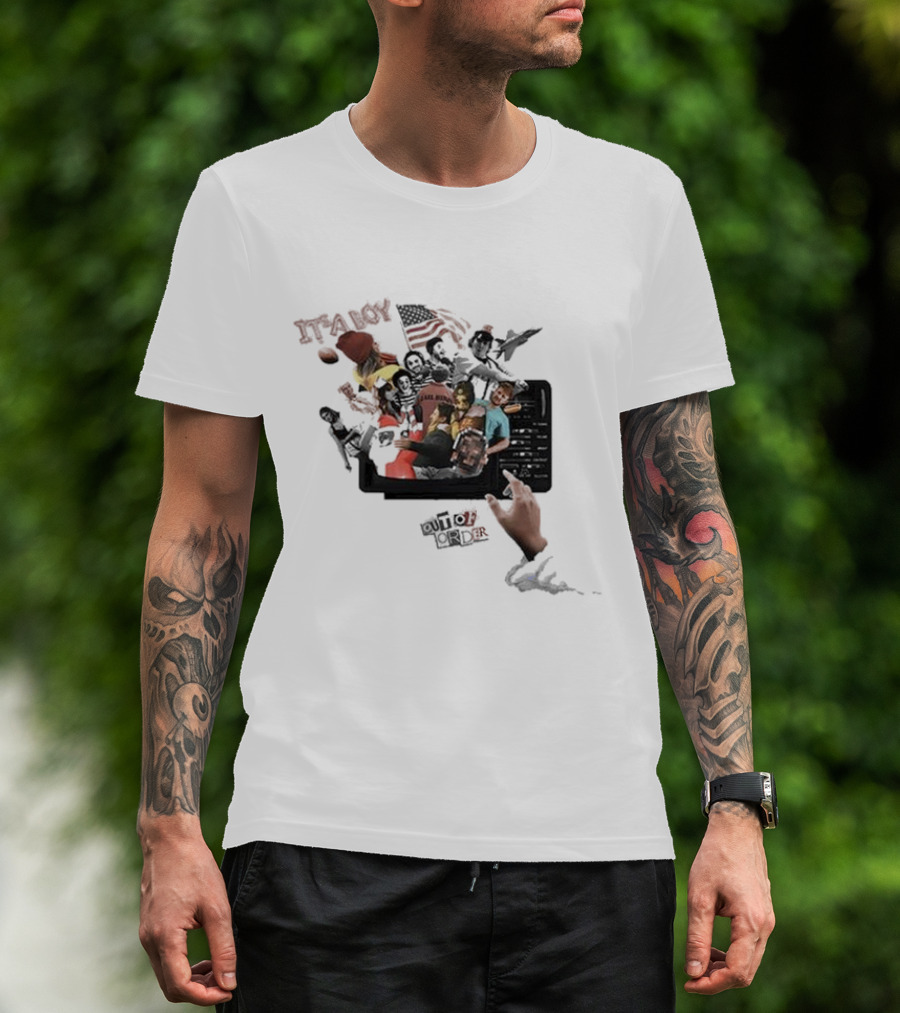 IT’S A BOY OUT OF ORDER Collage American Flag Football Icons T-Shirt