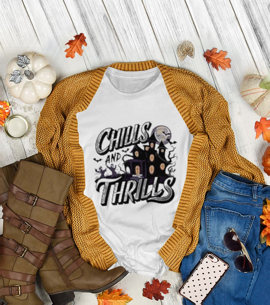 Chills and Thrills Haunted House Halloween Moon Bats Ghosts T-Shirt