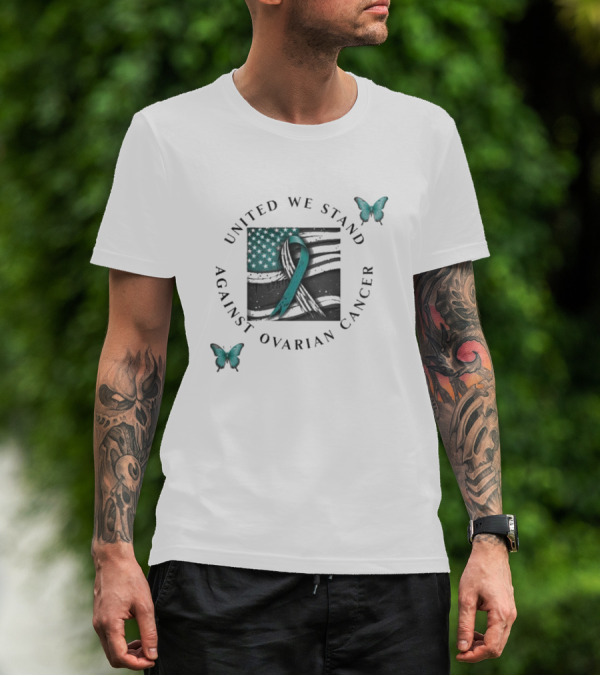 United We Stand Against Ovarian Cancer Ribbon American Flag Butterfly T-Shirt