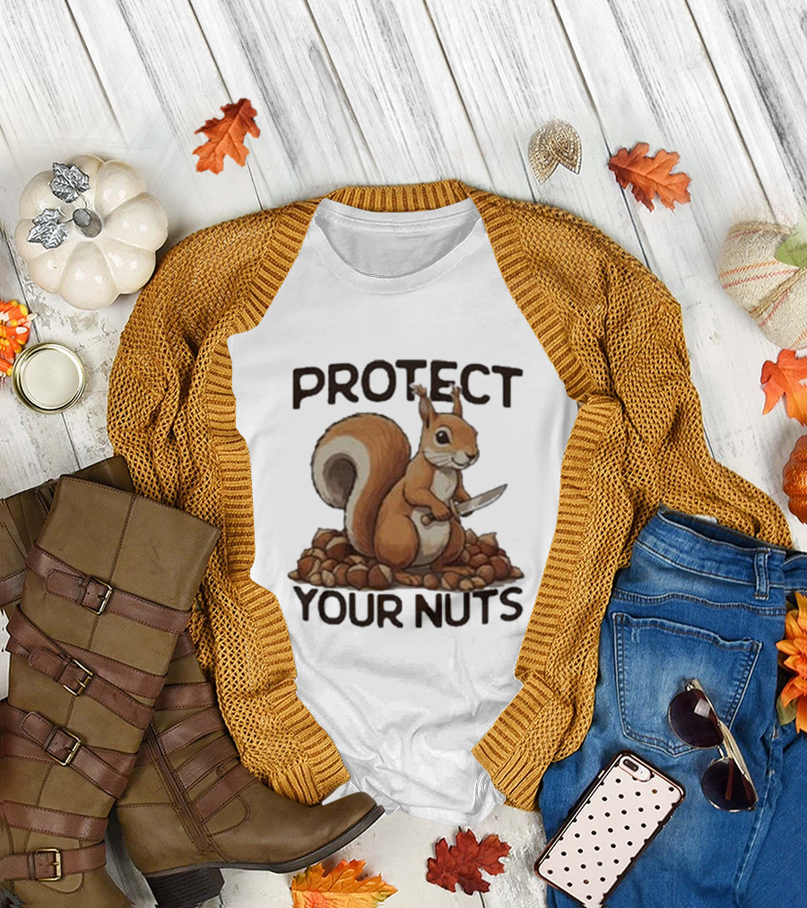 Protect Your Nuts Squirrel Holding Knife Surrounded by Nuts T-Shirt