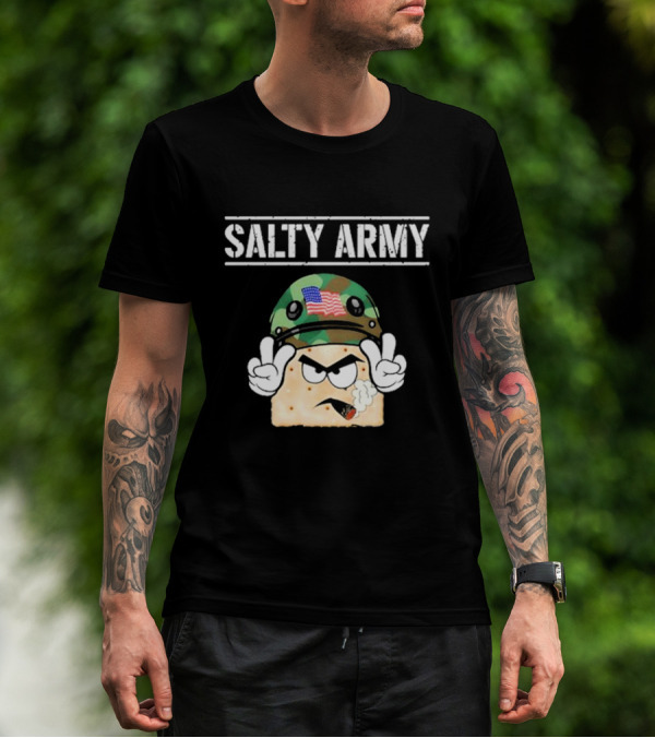 Salty Army Cracker With Camouflage Helmet Smoking Cigarette T-Shirt