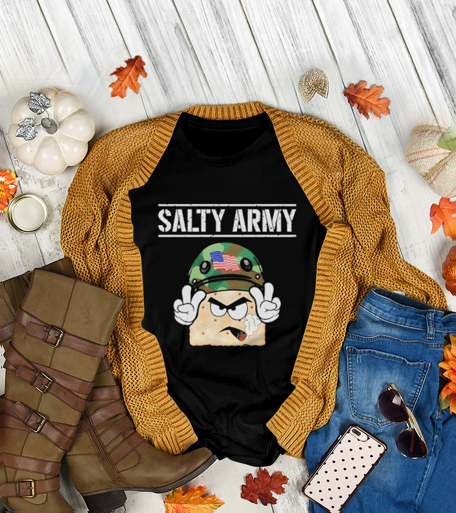 Salty Army Cracker with Camouflage Helmet Smoking Cigarette T-Shirt