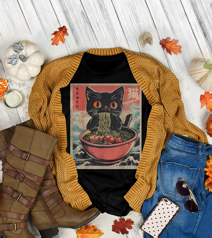 Cat Ramen Japanese Kawaii Anime with Black Cat Eating Noodles in Stormy Sea T-Shirt
