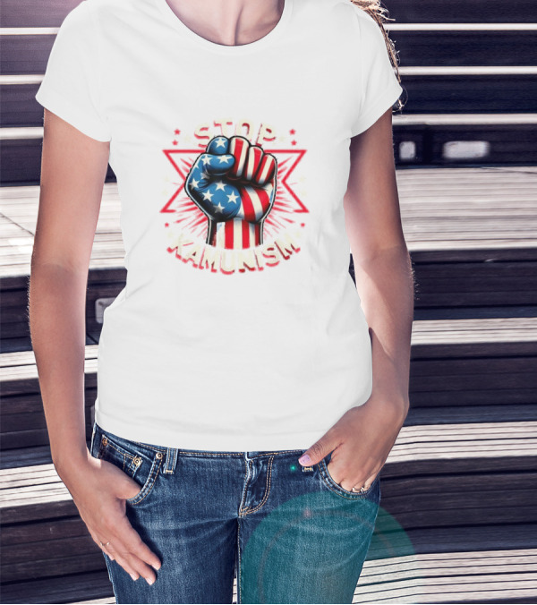 Stop Kamunism American Flag Fist With Stars And Red Stripes T-Shirt
