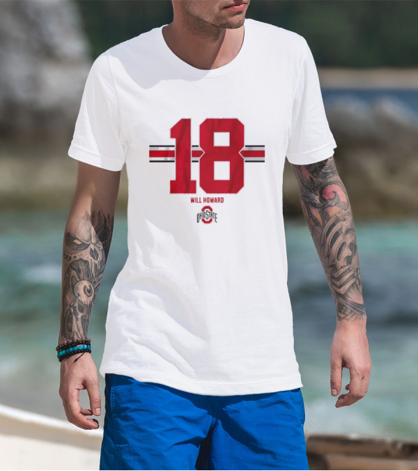 Ohio State Buckeyes Football Will Howard 18 Ohio State Logo Stripe T-Shirt