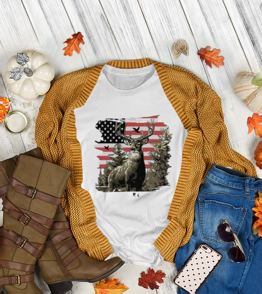 American Buck Cardin Mccoy Deer Forest Flag Scene T-Shirt