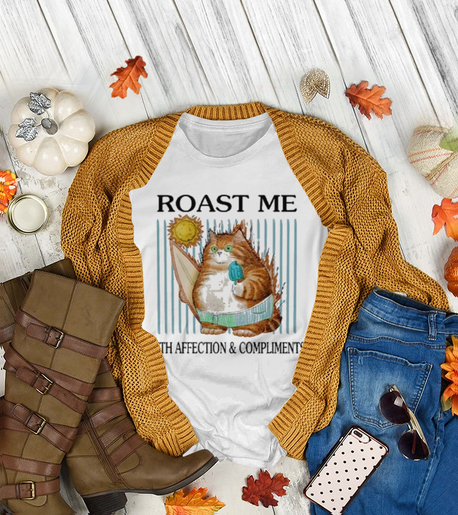 Roast Me Cat with Affection and Compliments Surfing Ice Cream Sun T-Shirt