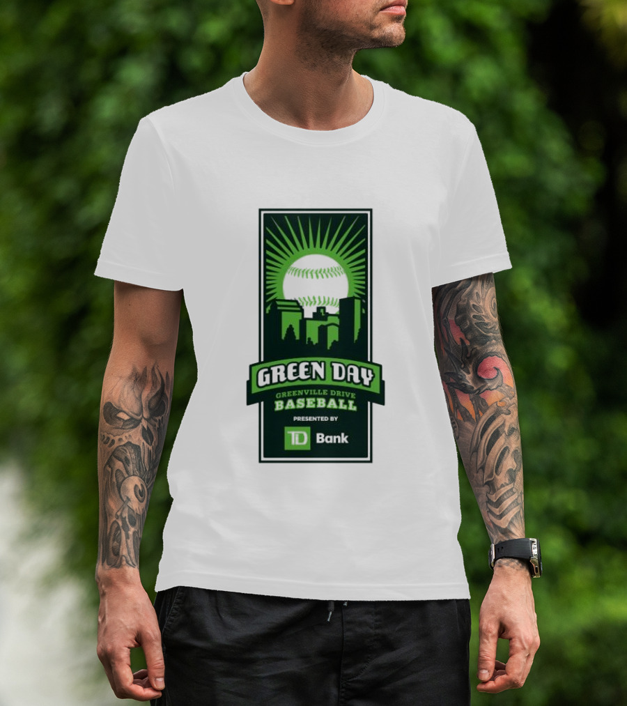 Green Day Greenville Drive Baseball Presented By TD Bank Skyline Baseball Sunburst T-Shirt